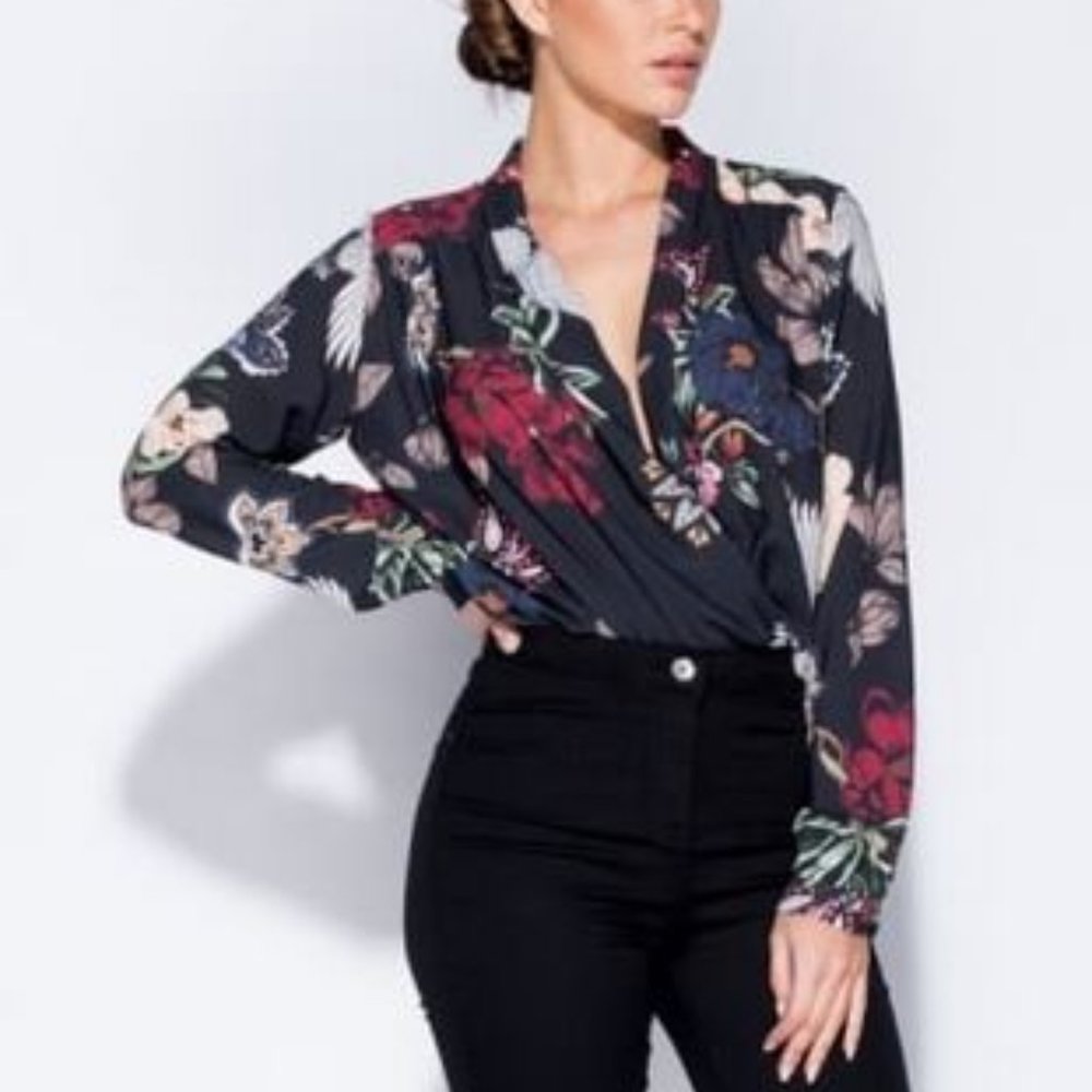 Black Floral Print Bodysuit